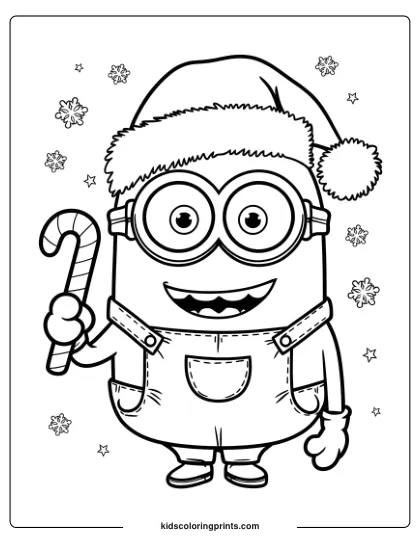 A Christmas-Themed Minion Coloring Page Featuring A Joyful Minion In A Santa Hat Holding A Candy Cane Amidst Snowflakes.