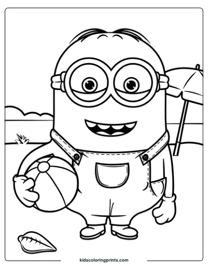 A Minion Coloring Page Featuring A Cheerful Minion At The Beach, Holding A Ball With Sand, Seashells, And An Umbrella.