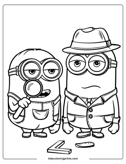 A Detective-Themed Minion Coloring Page Featuring Two Minions Investigating Clues With Magnifying Glasses And Hats.