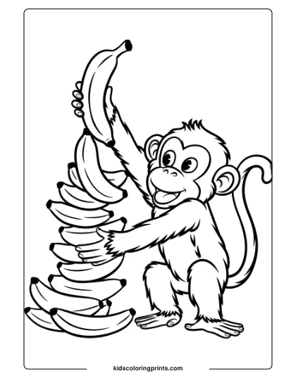 This Coloring Page Shows A Cheerful Monkey Building A Tall Stack Of Bananas, Happily Focused On Its Creation.