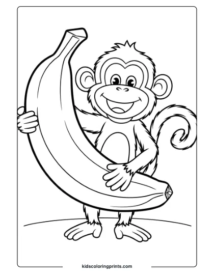 This Coloring Page Depicts A Happy Monkey Holding A Giant Banana, Smiling Widely In Delight.
