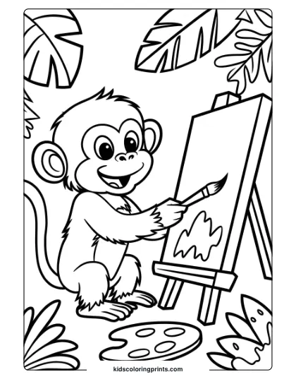 This Coloring Page Shows A Monkey Painting With Bright Jungle Colors, Capturing A Creative Jungle Scene.