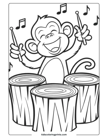 Coloring Page Of A Monkey Drumming On Tree Trunks, Surrounded By Musical Notes In A Lively, Joyful Scene.