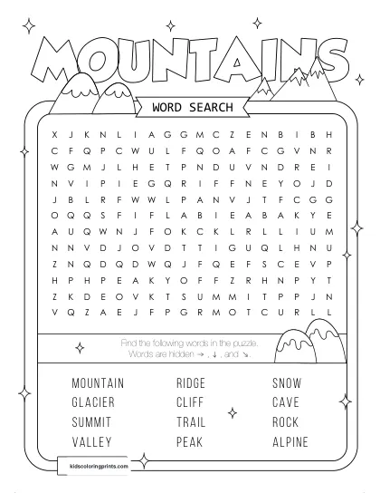 Free Printable Mountains Word Search Puzzle With 12 Words From Mountain To Snow.