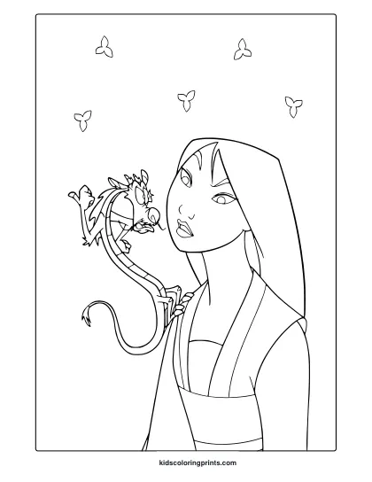 Coloring Page Of Mulan In Profile With A Stylized Dragon And Delicate Flower Petals Overhead.