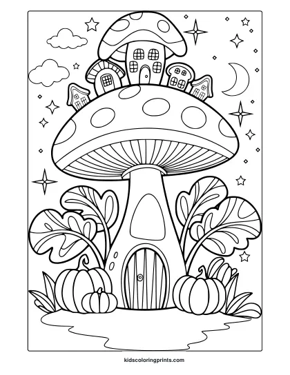 Fantasy Mushroom City With Mini Houses And A Starry Sky Featured In This Imaginative Coloring Page.