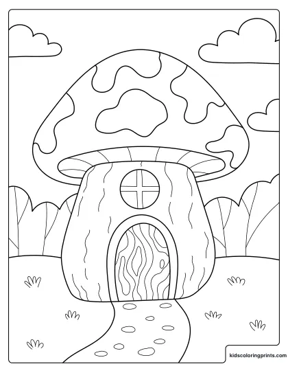 Mushroom Coloring Page Showing A Cute Mushroom House With A Round Door And Forest Background.