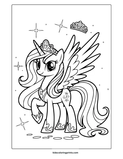 Princess Cadence Coloring Page With Wings, A Crown, And Stars.