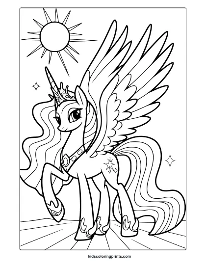Princess Celestia Coloring Page With Wings, Sun, And Celestial Elements.