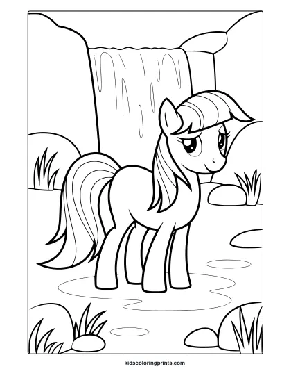My Little Pony Magical Waterfall Coloring Page With A Pony And Flowing Water.