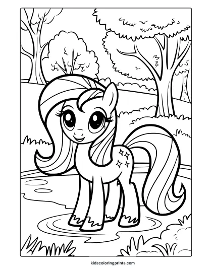 My Little Pony Simple Forest Coloring Page With Trees, A Stream, And A Pony.