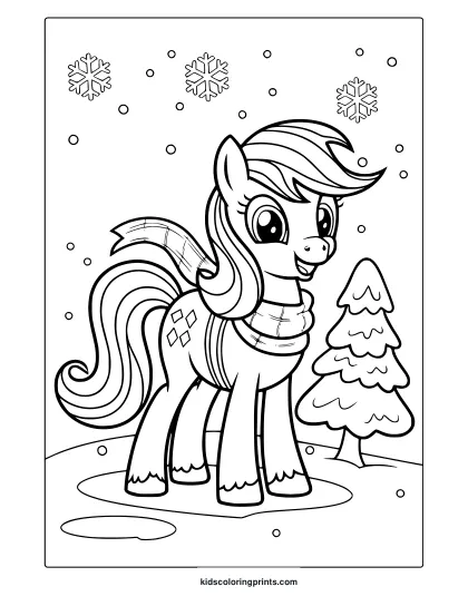 My Little Pony Snowy Day Coloring Page With A Pony, Snow, And Trees.