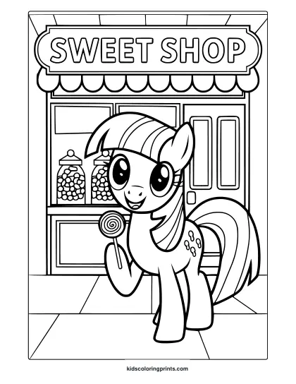 My Little Pony Sweet Shop Coloring Page With A Pony And Candy Store.