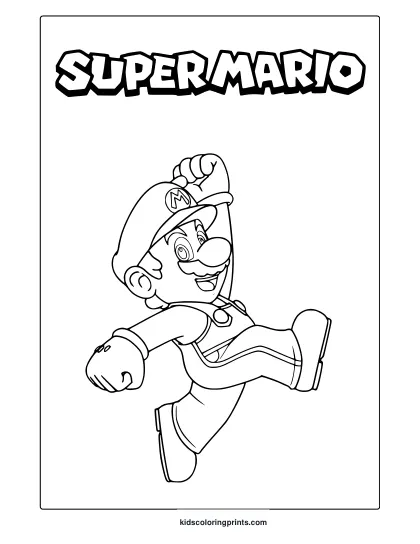 Coloring Page Of Mario In Motion With Classic Outfit And Bold Nintendo-Themed Styling.