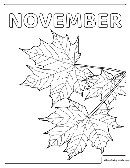 Autumn Coloring Page Showing Detailed Maple Leaves With The Word November Above.