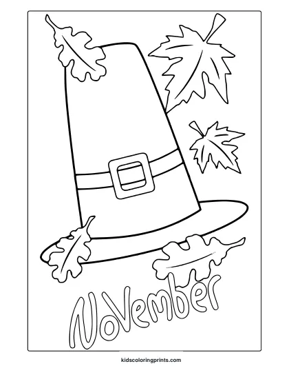 November Thanksgiving Hat Coloring Page Featuring A Big Buckled Hat And Scattered Maple Leaves.