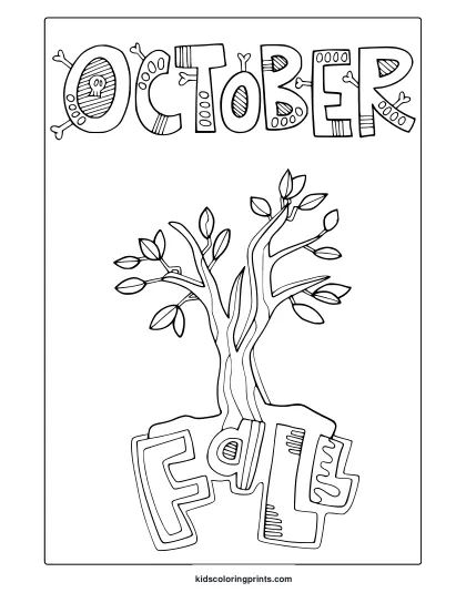 October In Fall Coloring Page With Autumn Tree, Leaves, And Decorative Lettering.