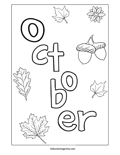 October Leaves And Acorns Coloring Page With Acorn, Flower, And Autumn Leaves.