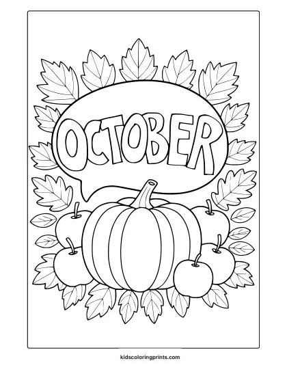 October Pumpkin And Apples Coloring Page With Pumpkin, Apples, And Maple Leaves.