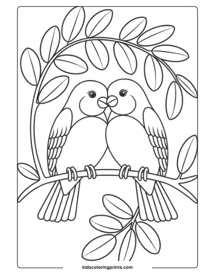 Two Love Birds Cuddling On A Branch With Leaves In A Cute And Simple Bird Coloring Page.