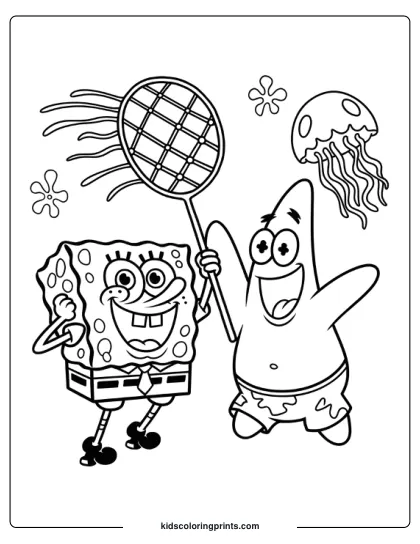Spongebob And Patrick Are Hunting Jellyfish Together In This Exciting Coloring Page.