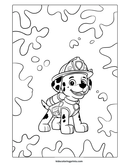 Marshall From Paw Patrol Coloring Page In Firefighter Outfit With Doodle-Style Abstract Background.