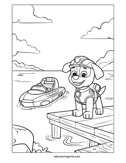 Zuma From Paw Patrol Coloring Page On Dock With Rescue Boat, Calm Water, And Cloudy Sky Scenery.
