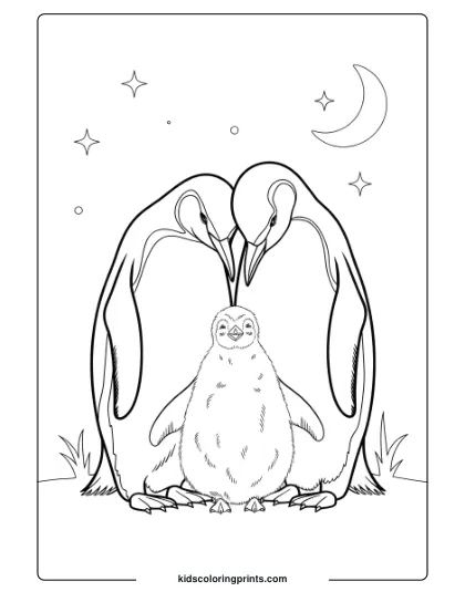 A Penguin Family Under A Night Sky, A Serene Nighttime Family-Themed Coloring Page.