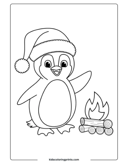 A Cute Penguin With A Santa Hat Standing By A Campfire, A Festive Holiday Penguin Coloring Page.