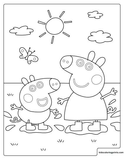 Peppa Pig Coloring Page With Peppa And George Jumping In Puddles Under The Sunny Sky.
