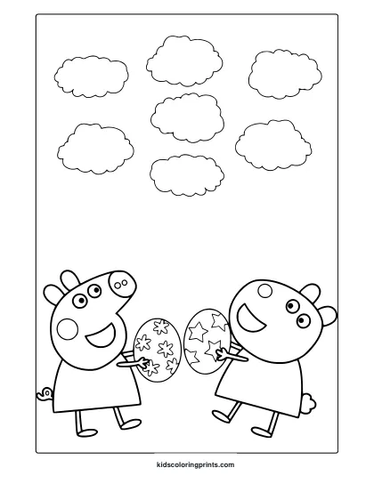 Peppa Pig And Suzy Coloring Page With Decorated Easter Eggs And Clouds Above.