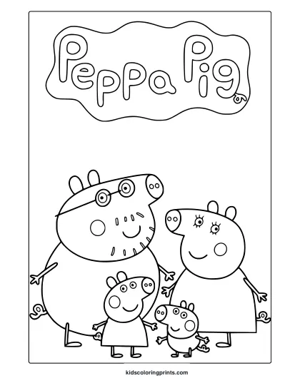Peppa Pig Family Coloring Page With Four Characters And Bubble Text Above.