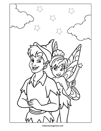 Peter Pan And Tinker Bell Coloring Page Together.