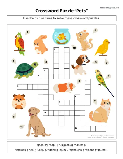 Free Printable Pets Crossword Puzzle With 12 Picture Clues.