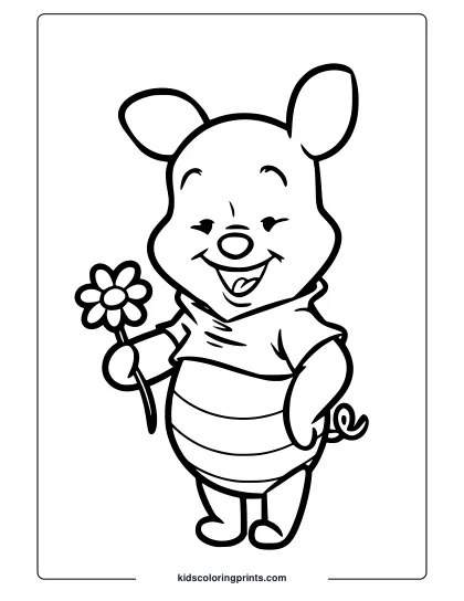 Piglet Standing Happily, Holding A Flower In This Cute Coloring Page.