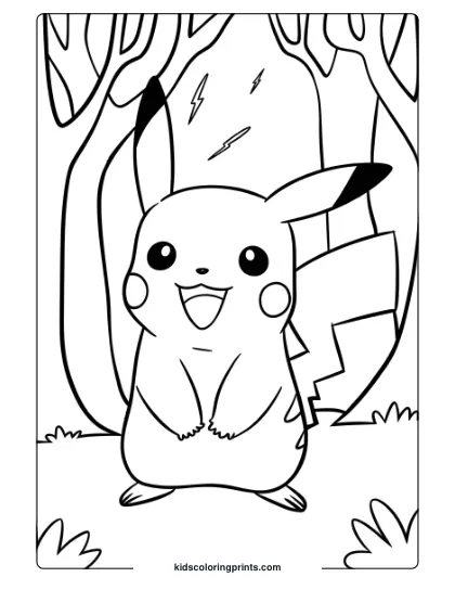 Pikachu Coloring Page Featuring Pikachu In A Forest With Lightning, Showcasing Its Electric Nature.