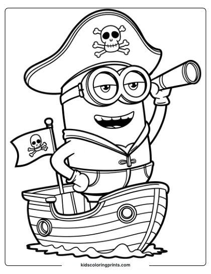 A Pirate-Themed Minion Coloring Page Showcasing A Minion With A Telescope On A Ship, Ready For Nautical Adventures.