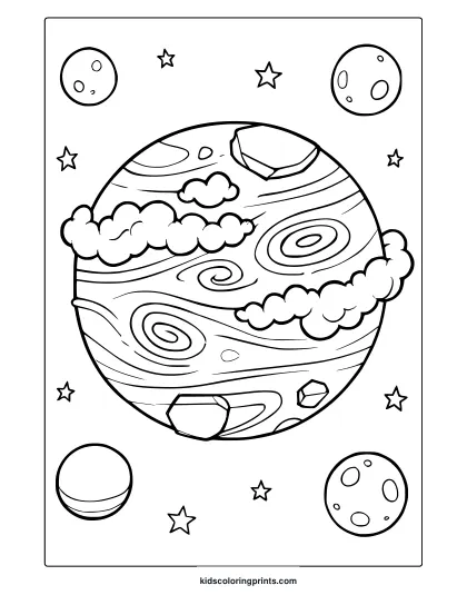 Neptune With Spirals Clouds Rings And Moons. Fun And Friendly Neptune Coloring Page With Smooth Bold Outlines.