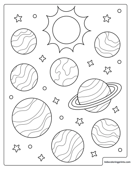 Sun Planets Stars And Flying Owl In Galaxy. Whimsical Planets And Stars Coloring Page With Fun Space Elements.