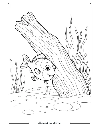 A Curious Fish Explores Driftwood With Plants Nearby, Creating A Natural Scene Perfect For Detailed Coloring.
