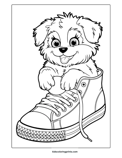 A Puppy Inside A Sneaker With Playful Details. A Fun Puppy In A Sneaker Coloring Page For Kids.