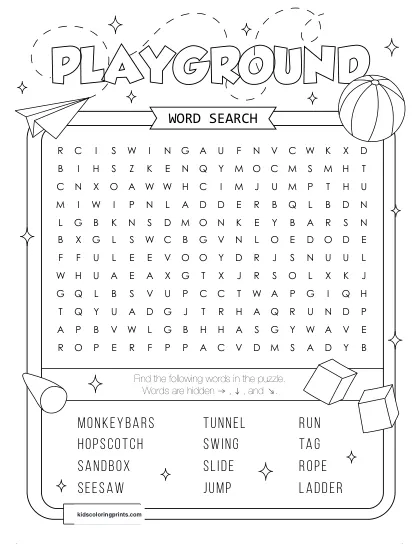Free Printable Playground Word Search Puzzle With 12 Activities From Swing To Rope.