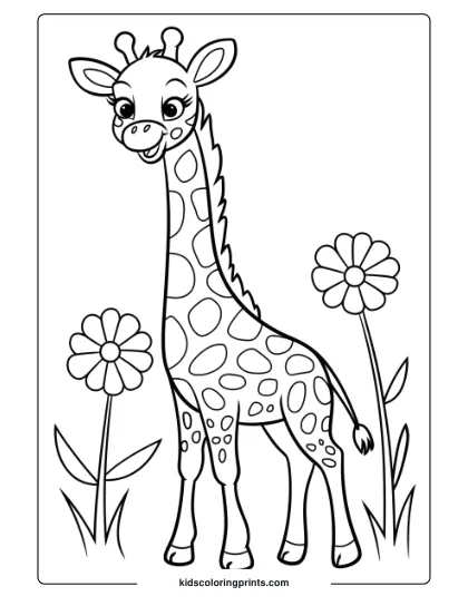 Gentle Giraffe Surrounded By Flowers In A Charming Coloring Page For Nature-Loving Children.