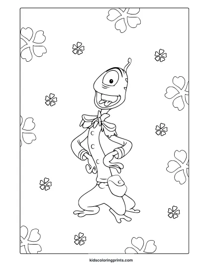Pleakley Coloring Page With Anthropomorphic Frog Character, Big Expressive Eyes, And Scattered Four-Leaf Clovers.