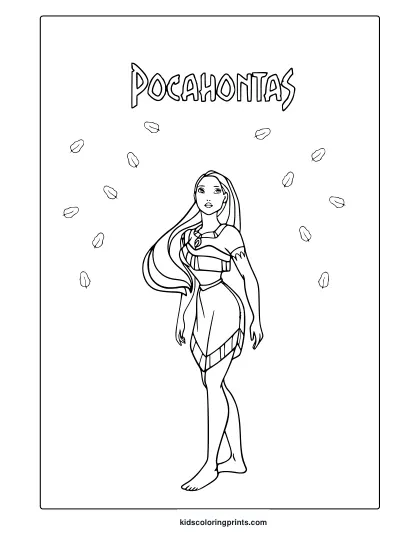 Coloring Page Of Pocahontas With Long Hair And Traditional Clothing, Clouds In The Background.
