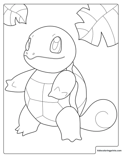 Squirtle Coloring Page Standing Under Large Leaves