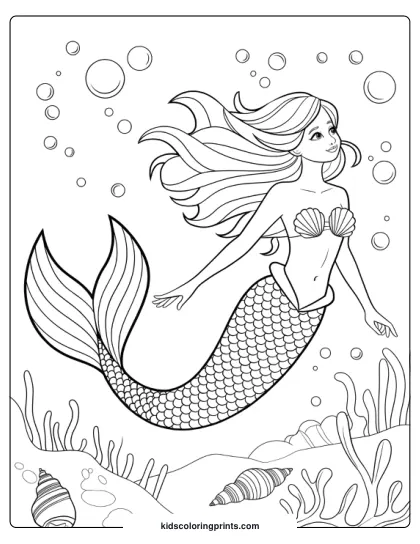 Pretty Mermaid Swimming Gracefully Near The Ocean Floor With Bubbles And Seashells In This Peaceful Coloring Page.