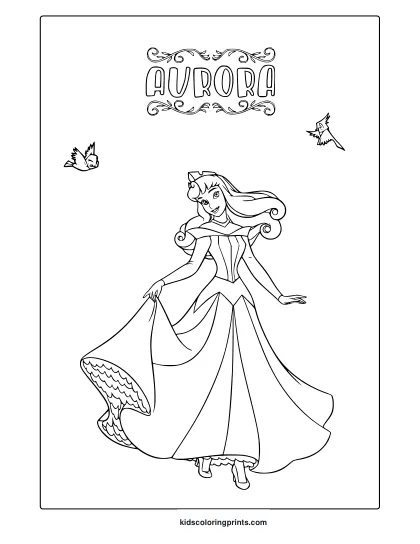 Coloring Page Of Princess Aurora In A Flowing Dress With Decorative Birds And The Name “Aurora” Above.
