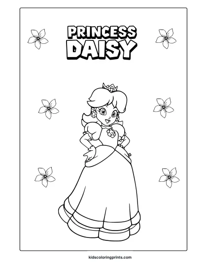 Coloring Page Featuring Princess Daisy In A Layered Dress, Surrounded By Flower Patterns.