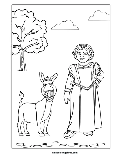 Coloring Page With Princess Fiona In A Medieval Dress, Next To A Donkey And Whimsical Tree Scene.